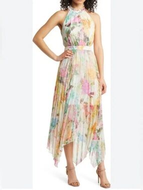 Vince Camuto Multicolor Pastel Floral Print pleated halter dress